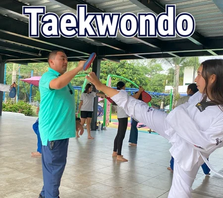 Estudiante practicando Taekwondo en la escuela de formación de Gimnasio los Ocobos